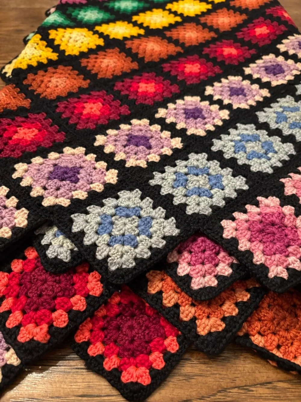 Vintage Hand Crocheted Granny Square Afghan 60x70 Jewel Tone Wool Blanket